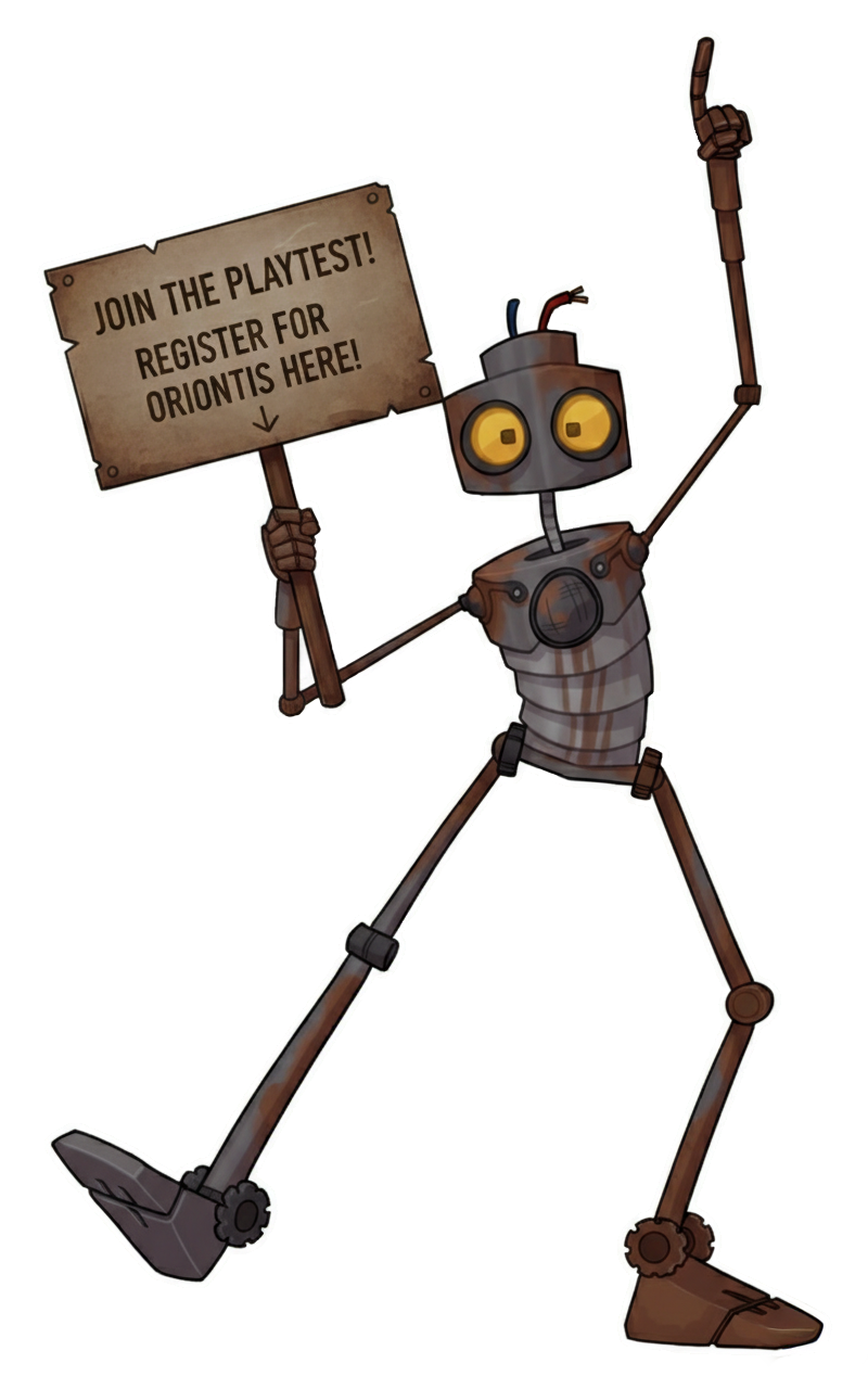 Robot inviting players to join the Oriontis playtest